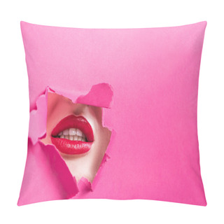 Personality  Cropped Image Of Seductive Girl Showing Lips In Hole In Pink Paper Pillow Covers