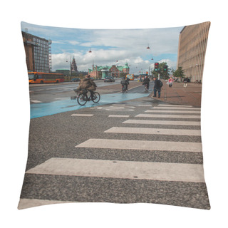 Personality  COPENHAGEN, DENMARK - APRIL 30, 2020: People Walking And Cycling On Urban Street With Cloudy Sky At Background  Pillow Covers