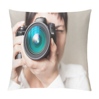 Personality  Woman Photographer With Camera Pillow Covers