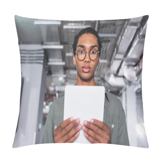 Personality  Young African American Programmer Holding Digital Tablet While Looking At Camera In Data Center Pillow Covers