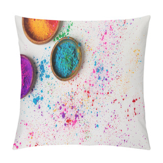 Personality  Top View Of Traditional Holi Paint In Bowls Isolated On White, Hindu Spring Festival Of Colours Pillow Covers