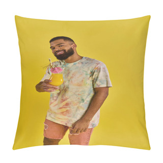 Personality  A Stylish Man In A Tie Dye Shirt Holding A Drink, Adding A Pop Of Color To The Scene With His Vibrant Outfit. Pillow Covers