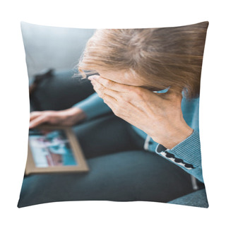 Personality  Senior Woman Covering Face With Hand And Crying While Looking At Picture Frame  Pillow Covers