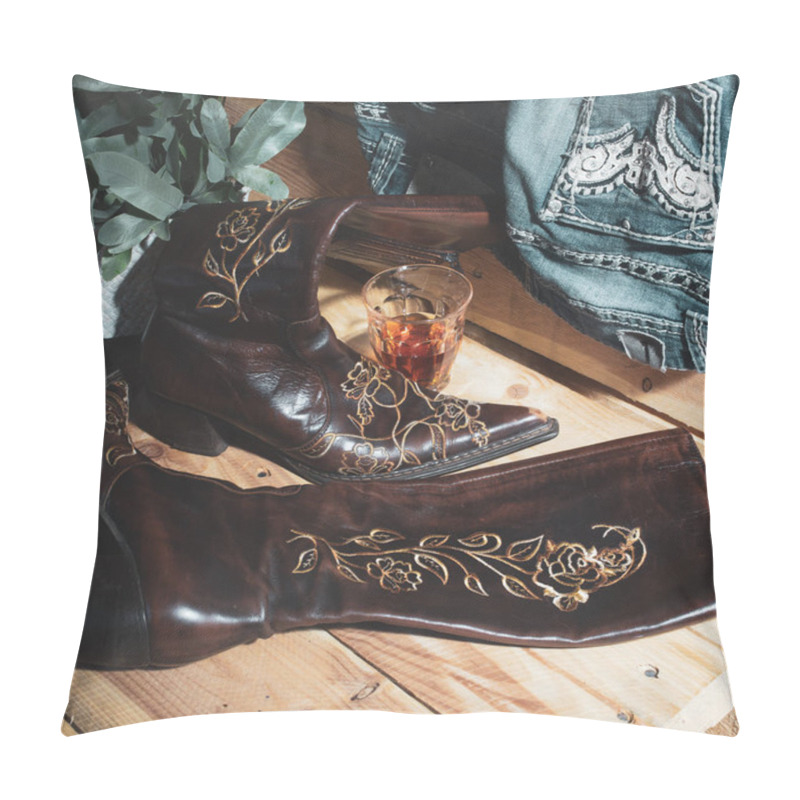 Personality  Boots Jeans And Whiskey Still Life Pillow Covers