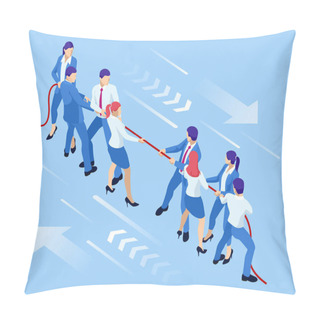 Personality  Isometric Businessmen And Businesswomen In Suit Pull The Rope, Competition, Conflict. Tug Of War And Symbol Of Rivalry. Pillow Covers
