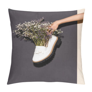 Personality  Cropped View Of Woman Holding White Shoe With Wildflowers On Black Background Pillow Covers