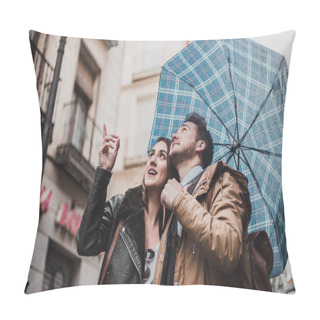 Personality Couple In Love On The Street On A Rainy Day. Friends Walking Down The Street Pillow Covers
