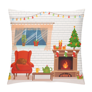 Personality  Christmas Room Interior In Colorful Cartoon Flat Style. Pillow Covers