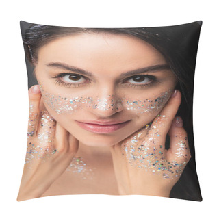 Personality  Portrait Of Woman With Natural Makeup And Glitter On Cheeks And Hands Touching Face While Looking At Camera Isolated On Grey Pillow Covers