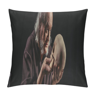 Personality  Medieval Philosopher With Grey Hair Looking At Human Skull Isolated On Black, Banner Pillow Covers
