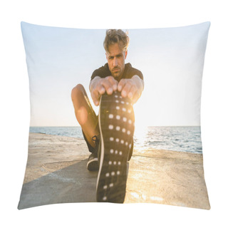 Personality  Sporty Adult Man Stretching Leg On Seashore In Front Of Sunrise Pillow Covers