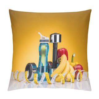 Personality  Close-up View Of Dumbbells, Bottle Of Water, Measuring Tape And Peppers With Fruits On Yellow Pillow Covers