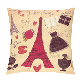 Personality  Vector Hand Drawn Vintage Illustration With Symbols Of French Fashion Pillow Covers