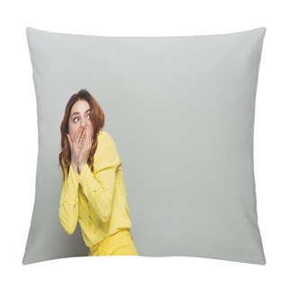 Personality  Scared Woman In Yellow Clothes Covering Mouth While Looking Away On Grey Pillow Covers