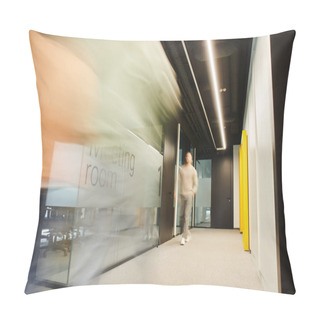 Personality  Long Exposure Of Energetic Businessman Walking Along Blurred Meeting Room In Corridor Of Coworking Environment In Contemporary Office, Dynamic Business Concept Pillow Covers