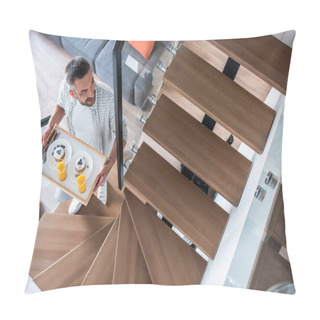 Personality  Overhead View Of Smiling Man With Breakfast On Wooden Tray Walking Up Stairs At Home Pillow Covers