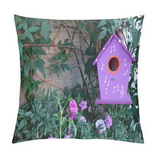 Personality  Purple Birdhouse Hanging On A Tree Surrounded By Petunia Flowers. Pillow Covers