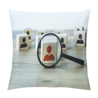 Personality  Selective Focus Of Magnifying Glass Near Cubes On Wooden Desk  Pillow Covers