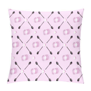 Personality  Top View Of Lump Sugar With Black Spoons And Water On Violet, Seamless Background Pattern Pillow Covers
