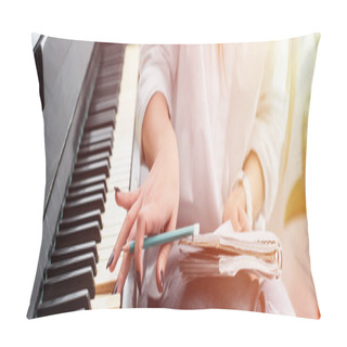 Personality  Cropped View Of Girl With Notebook Playing Piano And Composing Music At Home With Backlit Pillow Covers