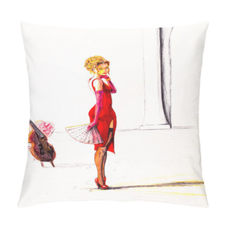 Personality  A Girl Violinist In A Red Dress And A Fan Stands In The Middle Of The Hall. Figure Pencils And Pens. Pillow Covers