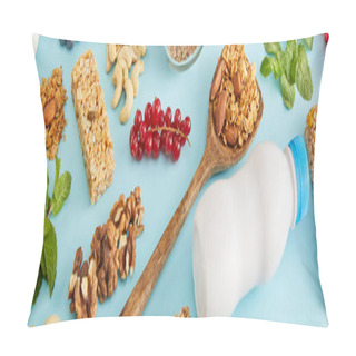 Personality  Food Composition Of Nuts, Bottle Of Yogurt, Berries, Cereal Bars And Mint On Blue Background, Panoramic Shot Pillow Covers