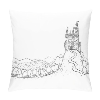 Personality  Cartoon Drawing Or Illustration Of Fantasy Landscape With Castle On Hill And Forest Around. Pillow Covers