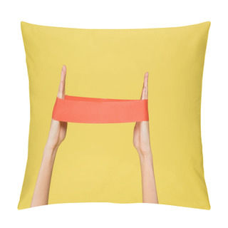 Personality  Cropped View Of Woman Working Out With Resistance Band Isolated On Yellow Pillow Covers