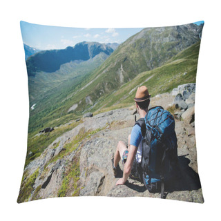 Personality  Traveler With Backpack Resting On Besseggen Ridge In Jotunheimen National Park, Norway Pillow Covers