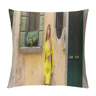 Personality  Young Woman In Yellow Suit Posing Near Potted Flowers On Window In Venice, Banner Pillow Covers