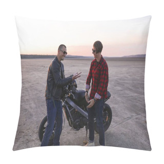 Personality  Manly Males Are Standing Near The Bike In The Desert, Helmet With The Wings, Accessories, Sun Glasses, Sand, Free, Outdoor, Freedom Of The Soul,confident, Amazing View, Adventure, Sunset, Having Fun   Pillow Covers