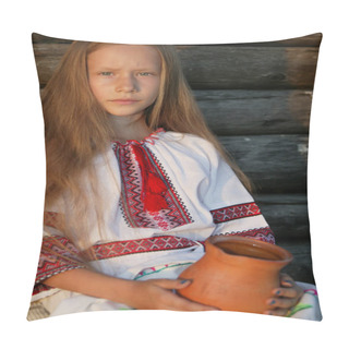 Personality  Slavic Girl In An Embroidered Shirt With A Clay Jug. Ukrainian Girl. The Blonde In National Dress. Pillow Covers