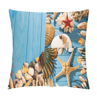 Personality  Top View Of Seashells, Starfishes, Coral And Palm Leaves On Wooden Blue Background, Collage Pillow Covers