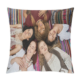 Personality  Top View Of Smiling Multiethnic Women In Boho Outfits Lying On Blanket In Retreat Center Pillow Covers