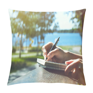 Personality  Girls Hands With Pen Writing On Notebook In Park Pillow Covers