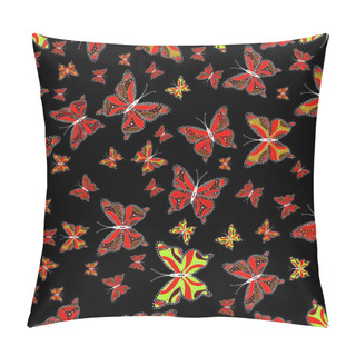 Personality  Vector. Seamless Floral Summer Pattern Background On Black, Red And Brown Colors. Perfect For Wallpapers, Web Page Backgrounds, Surface Textures, Textile. Pictures Witg Tropical Butterflies. Pillow Covers