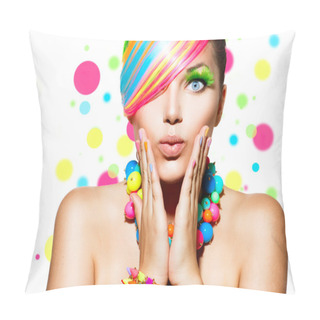 Personality  Beauty Girl Portrait With Colorful Makeup, Hair And Accessories Pillow Covers