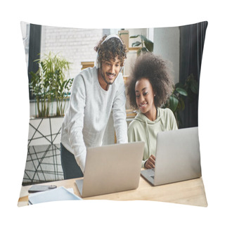Personality  A Diverse Man And Woman Sit Together, Focused On A Laptop Screen, Absorbed In Their Studies In A Modern Coworking Space. Pillow Covers