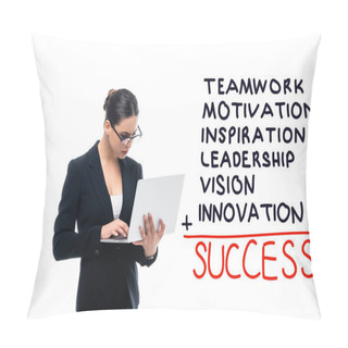 Personality  Attentive Businesswoman Using Laptop Near Teamwork, Motivation, Inspiration, Leadership, Vision, Innovation, Success Inscription Isolated On White Pillow Covers