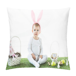 Personality  Adorable Baby In Bunny Ears Headband Sitting Near Straw Baskets With Easter Colorful Eggs And Decorative Rabbits Isolated On White Pillow Covers