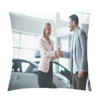 Personality  Auto Business, Car Sale, Consumerism And People Concept - Happy Man At Auto Show Or Salon Pillow Covers