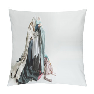 Personality  Mess Of Different Clothes On Grey Background With Copy Space, Banner Pillow Covers
