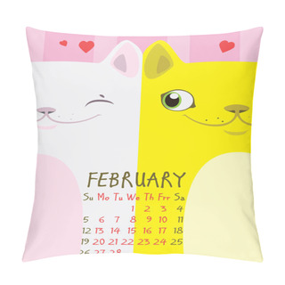 Personality  White And Yellow Cat On A Pink Background With Hearts. From Cat Lovers. February Calendar Pillow Covers