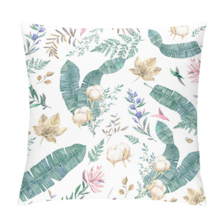 Personality  Cotton Plant Floral Pattern. Watercolor Leaves And Flowers, Tropacal Set. Wedding, Birthday, Celebration, Greeting Card. Hand Drawn Illustration, Trend Summer Color. Textile, Fabric Style Pillow Covers