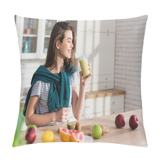 Personality  Joyful Woman Holding Glass Of Smoothie Near Fresh Fruits In Kitchen, Blurred Foreground Pillow Covers