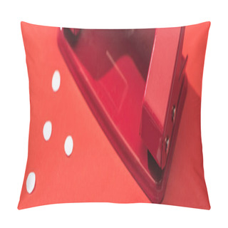 Personality  Panoramic Shot Of Holepunch With Paper Circles On Red Background  Pillow Covers