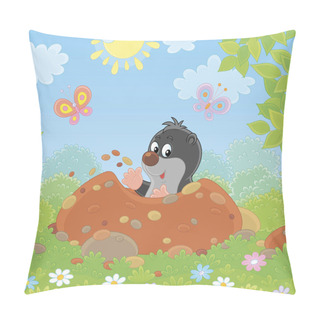 Personality  Funny Little Mole Digging Its Small Burrow In A Green Garden On A Sunny Summer Day, Vector Illustration In A Cartoon Style Pillow Covers