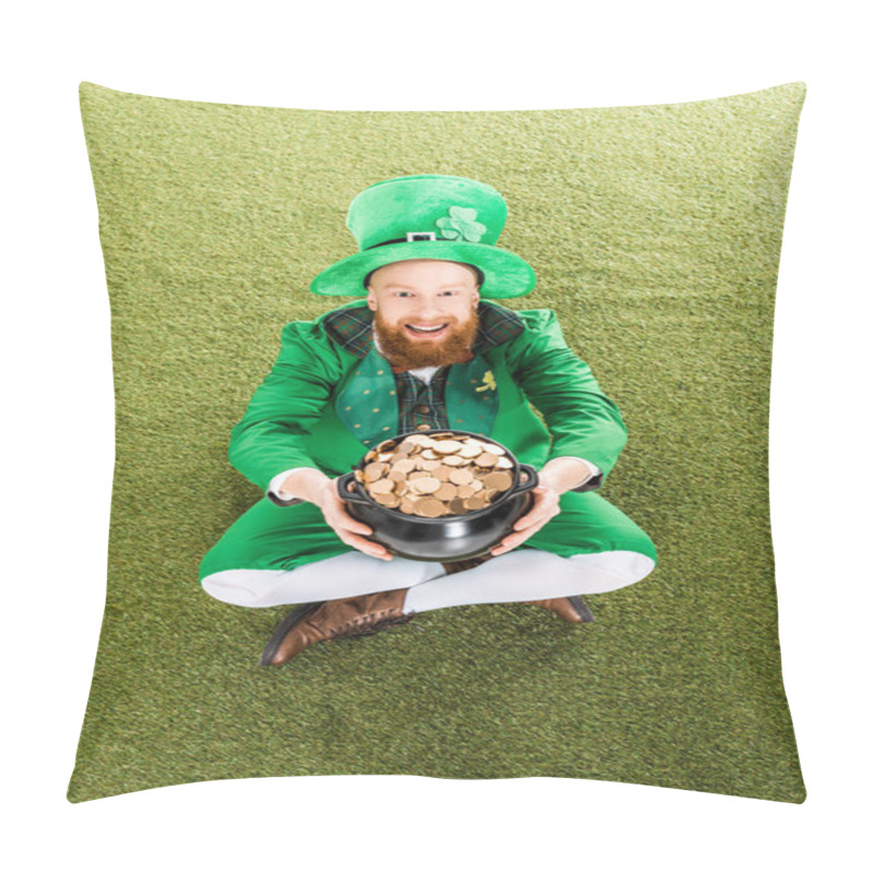 Personality  Excited Man In Leprechaun Costume With Pot Of Gold Sitting On Green Grass Pillow Covers