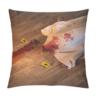 Personality  Top View Of Dead Body Covered With White Sheet At Crime Scene Pillow Covers