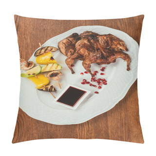 Personality  Grilled Chicken Laying On Plate With Fried Vegetables On Skewer Near Saucer Over Wooden Surface  Pillow Covers